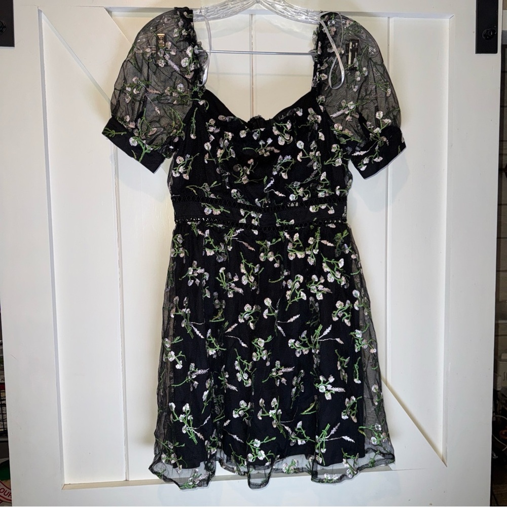 Lulu's Black Mini Dress with White & Green Floral Embroidery